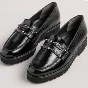 Paul Green Sofia Black Patent Leather Studded Platform Loafers US 9.5